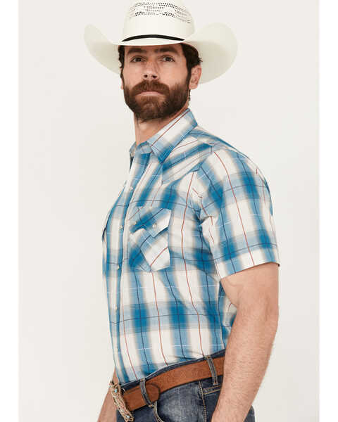 Image #2 - Ely Walker Men's Plaid Print Short Sleeve Pearl Snap Western Shirt , Teal, hi-res