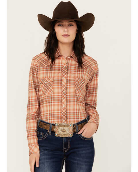 Image #1 - Rough Stock by Panhandle Women's Plaid Print Long Sleeve Snap Western Shirt , Rust Copper, hi-res