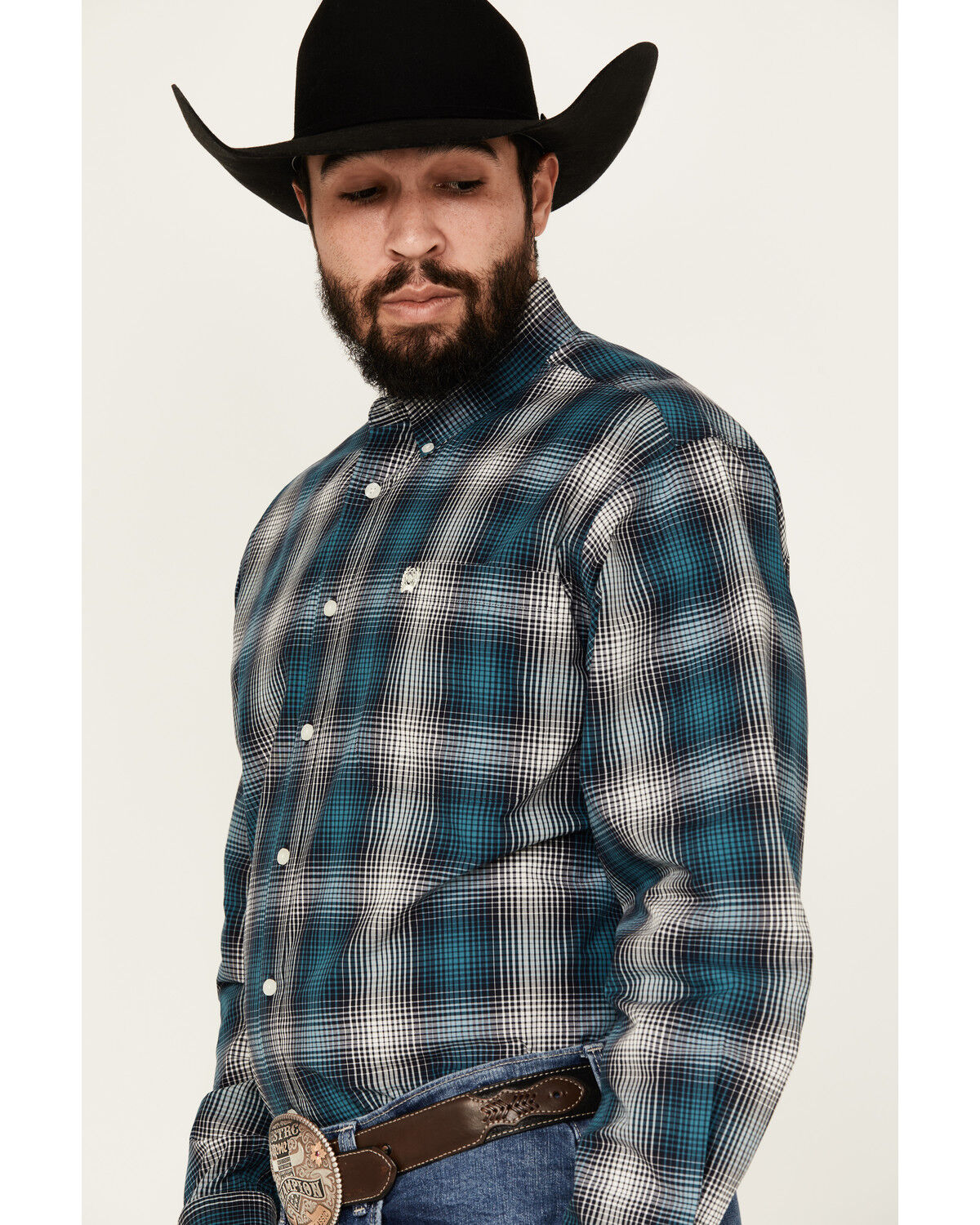 Image #2 - Cinch Men's Plaid Print Long Sleeve Button-Down Western Shirt, Teal, hi-res