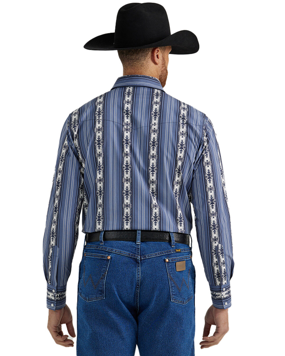 Image #3 - Wrangler Men's Checotah Southwestern Striped Print Long Sleeve Pearl Snap Western Shirt - Tall, Blue, hi-res