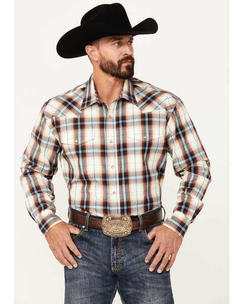Image #1 - Roper Men's Amarillo Plaid Print Long Sleeve Pearl Snap Western Shirt, Dark Red, hi-res