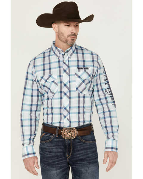 Image #1 - Wrangler Men's Plaid Print Logo Long Sleeve Button-Down Western Shirt , Teal, hi-res