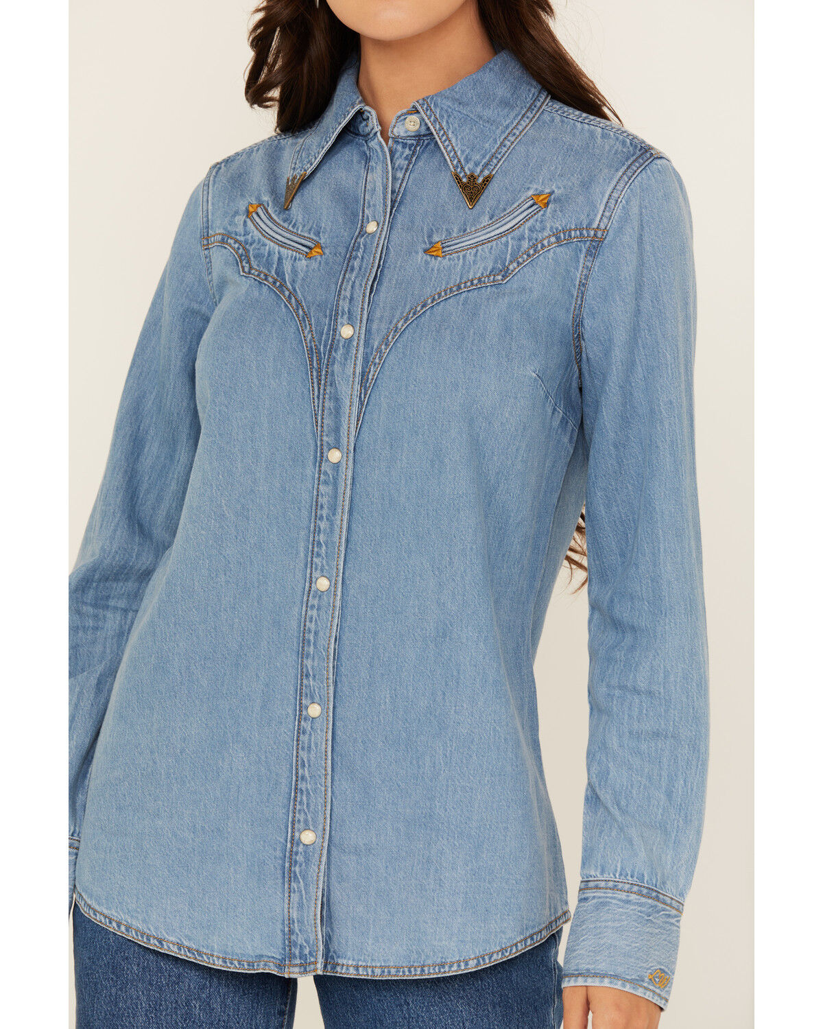 Image #4 - Wrangler x Lainey Wilson Women's Medium Wash Long Sleeve Snap Denim Western Shirt, Blue, hi-res