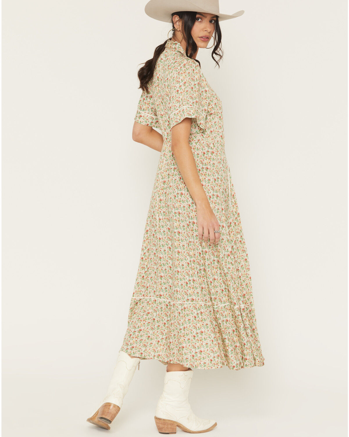 Image #4 - Sendero Provisions Women's La Dahlia Floral Print Short Sleeve Midi Dress, Cream, hi-res