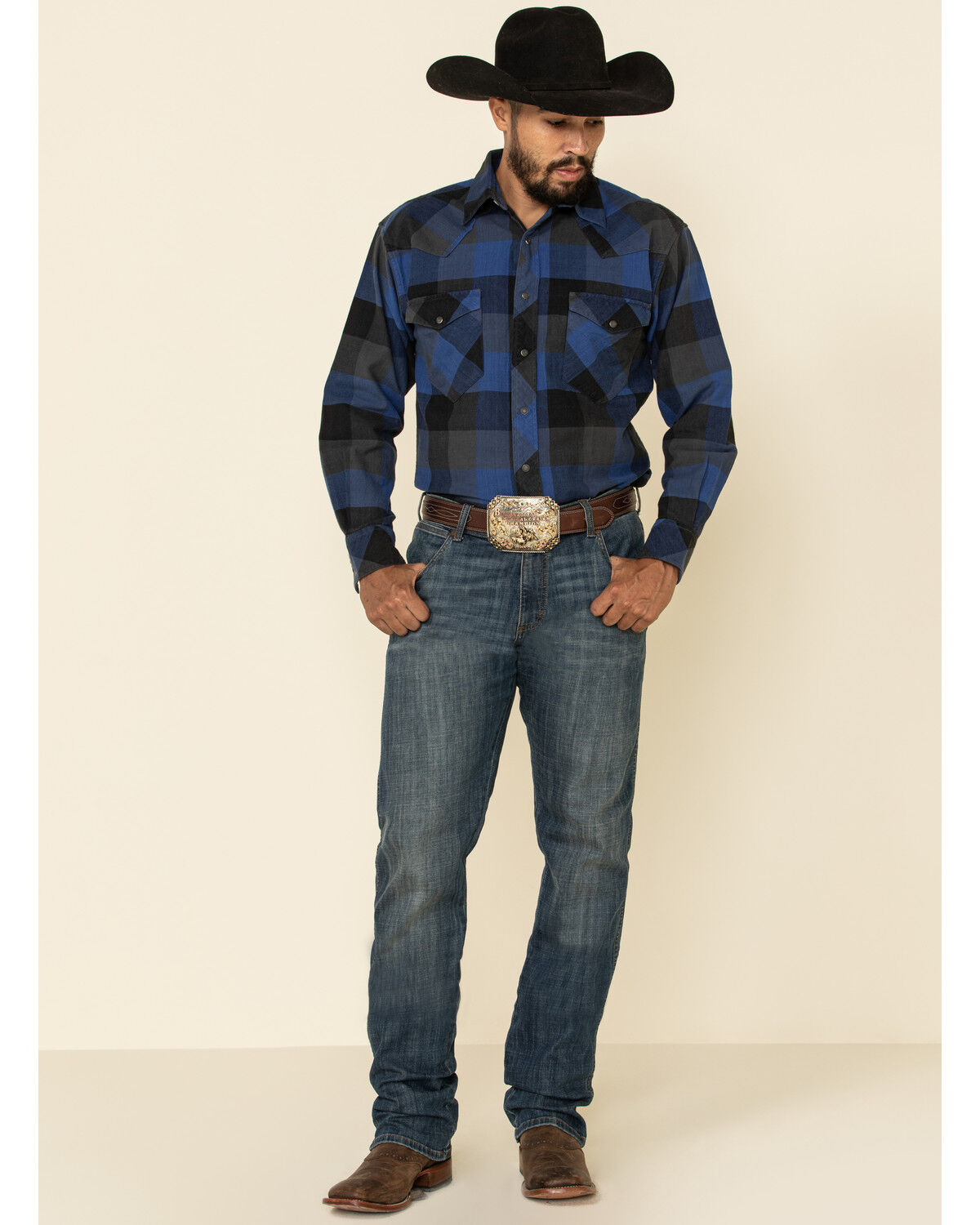 Image #2 - Resistol Men's Montreal Large Plaid Long Sleeve Western Shirt, Blue, hi-res