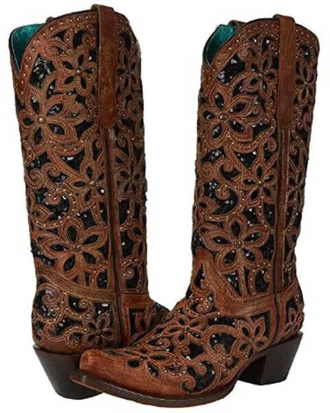 Image #1 - Corral Women's Black Inlay Western Boots - Snip Toe, Black/tan, hi-res