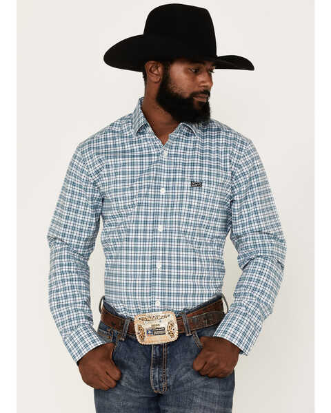 Image #1 - Kimes Ranch Men's Taos Small Plaid Print Long Sleeve Button Down Western Shirt, Blue, hi-res