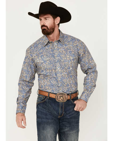 Roper Men's Amarillo Paisley Print Long Sleeve Pearl Snap Western Shirt, Blue, hi-res