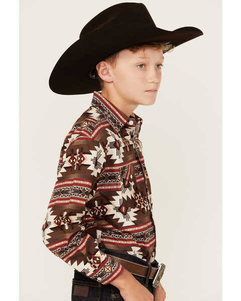 Image #2 - Panhandle Select Boys' Southwestern Print Long Sleeve Pearl Snap Western Shirt, Red, hi-res