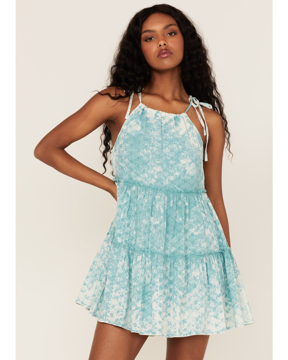 Rock & Roll Denim Women's Eyelet Halter Ruffle Mini Dress, Teal, hi-res