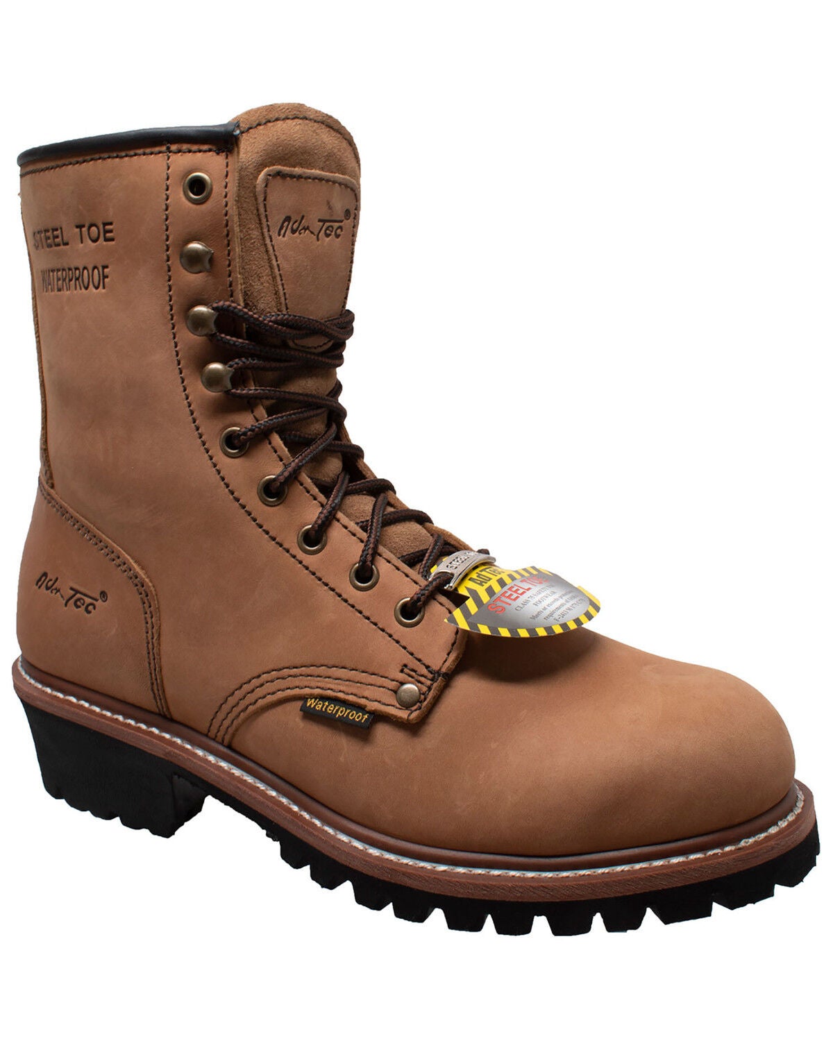 Ad Tec Men's 9" Waterproof Logger Work Boots - Steel Toe, Brown, hi-res