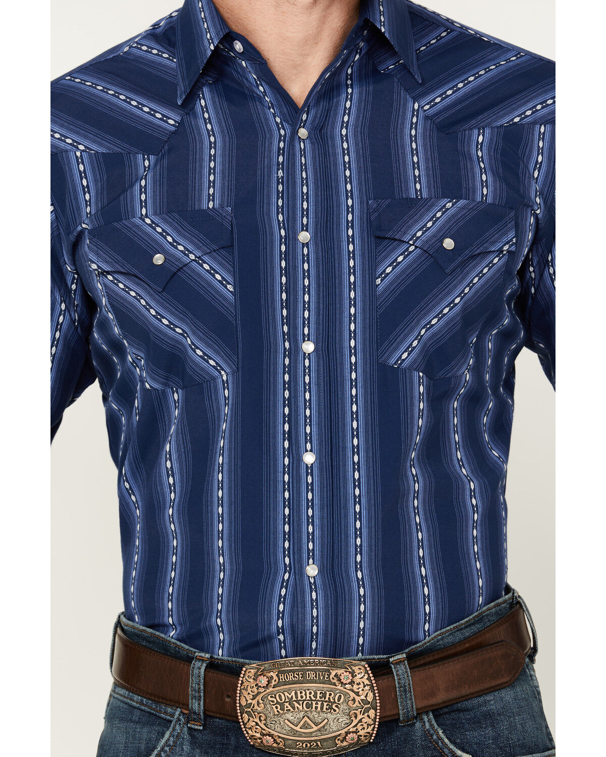 Image #3 - Ely Walker Men's Southwestern Striped Print Long Sleeve Pearl Snap Western Shirt, Navy, hi-res