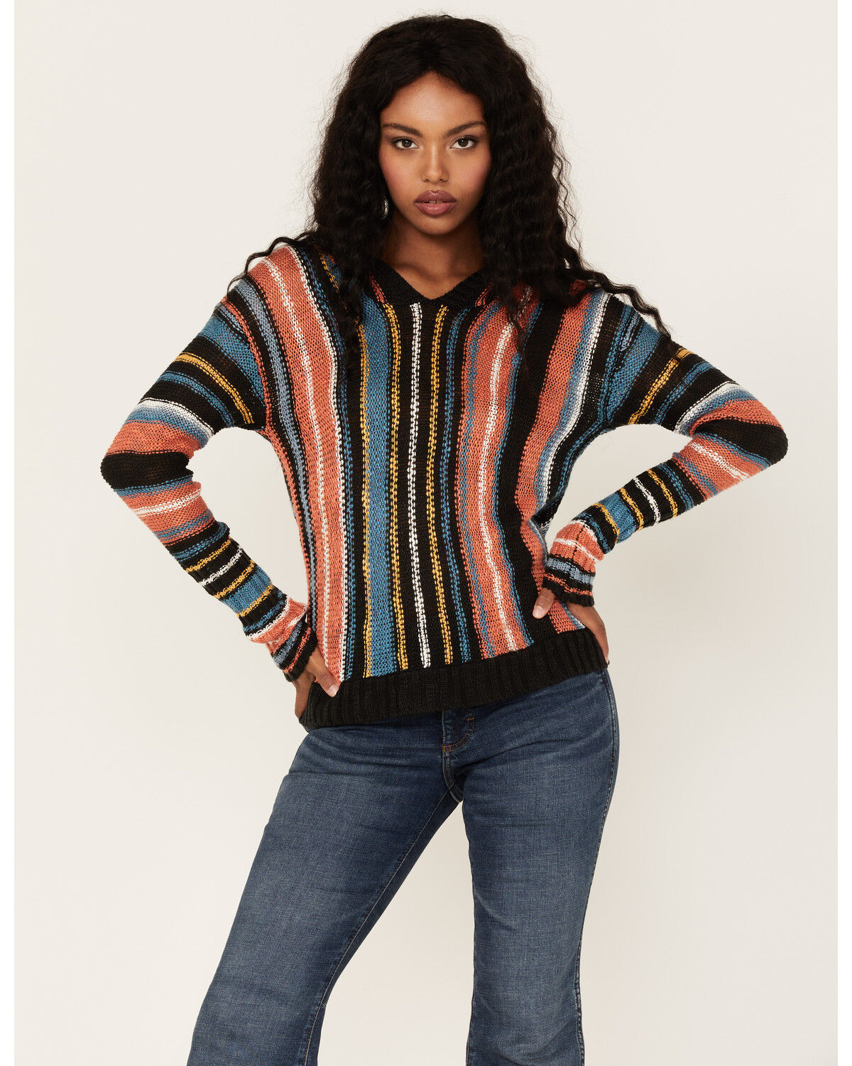Image #1 - Rock & Roll Denim Women's Serape Stripe Knit Hooded Sweater, Brown, hi-res