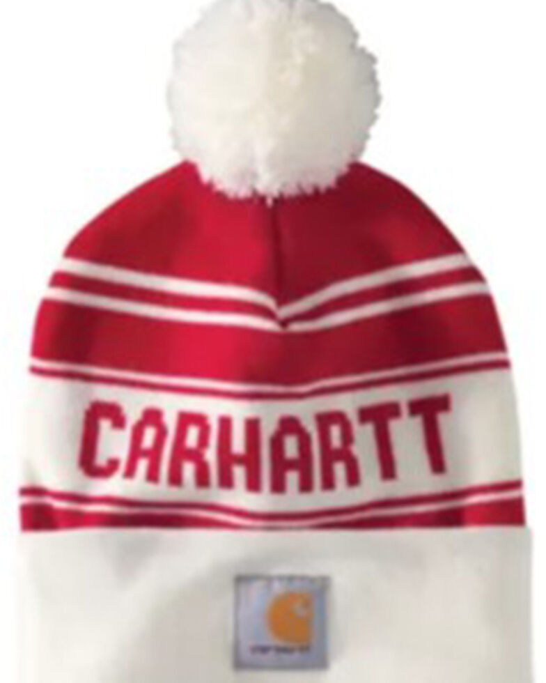 Carhartt Red Knit Cuffed Logo Pom Pom Work Beanie , Red, hi-res