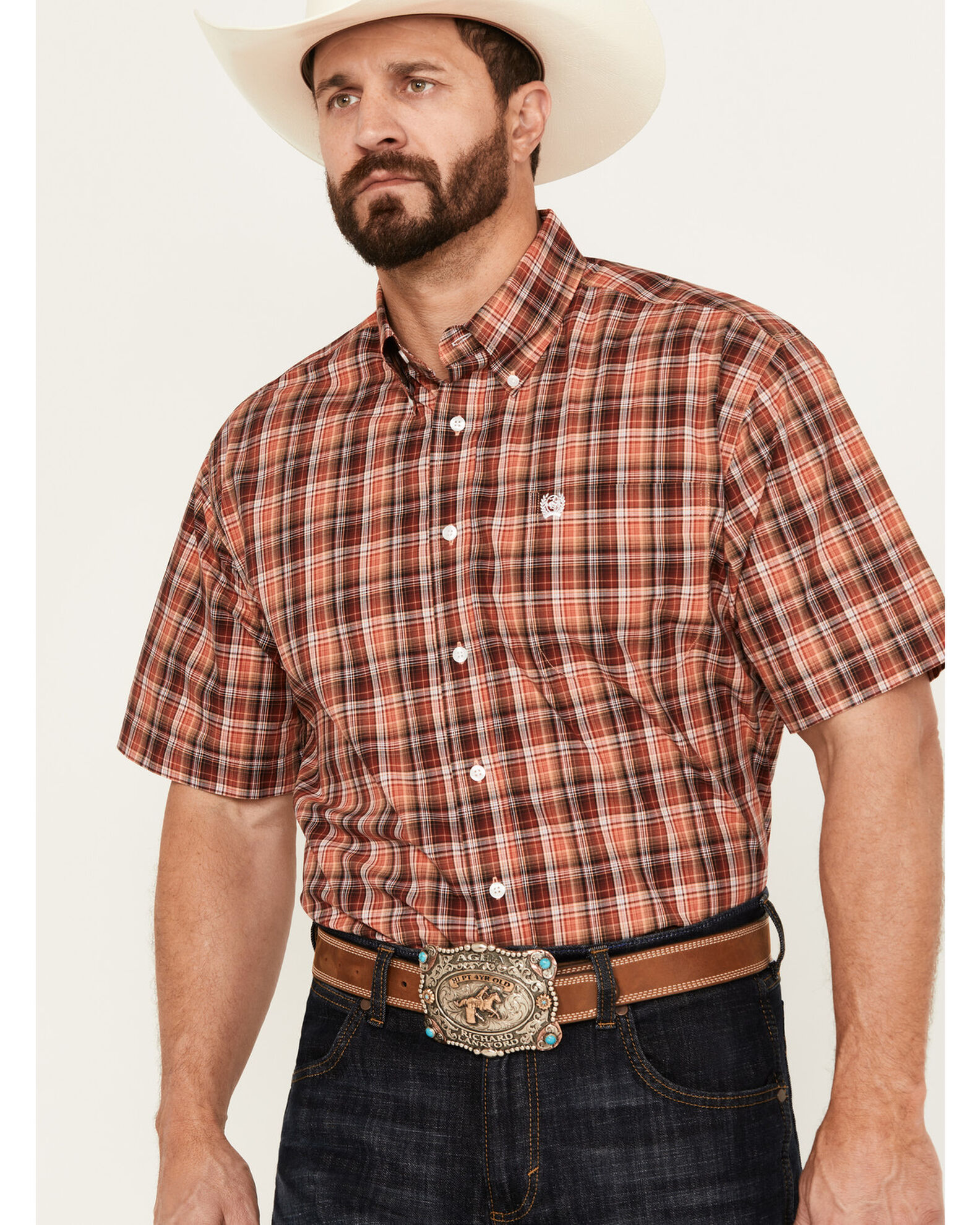 Image #1 - Cinch Men's Plaid Print Short Sleeve Button Down Western Shirt, , hi-res