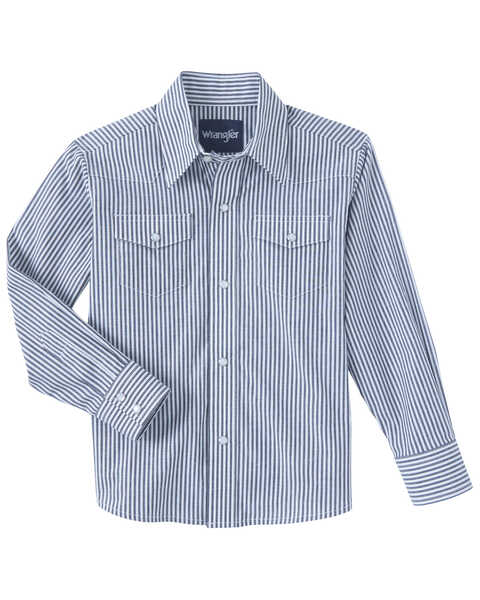 Image #1 - Wrangler Boys' Striped Print Long Sleeve Pearl Snap Western Shirt , Black/white, hi-res