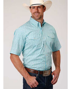 Roper Amarillo Men's Nested Paisley Print Short Sleeve Western Shirt , Blue, hi-res
