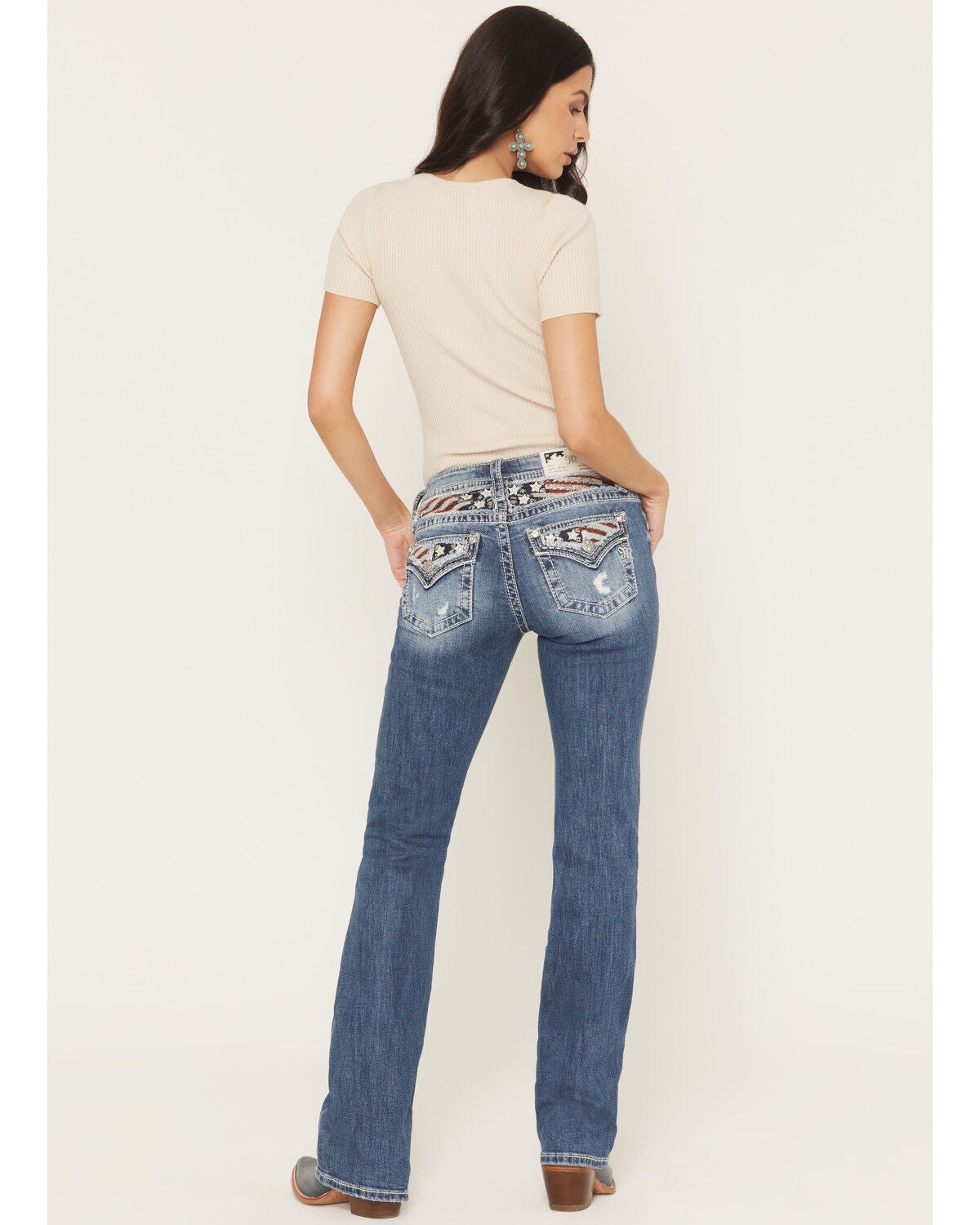 Miss Me Women's Medium Wash Mid Rise Americana Blowout 32" Bootcut Stretch Denim Jeans, Medium Wash, hi-res