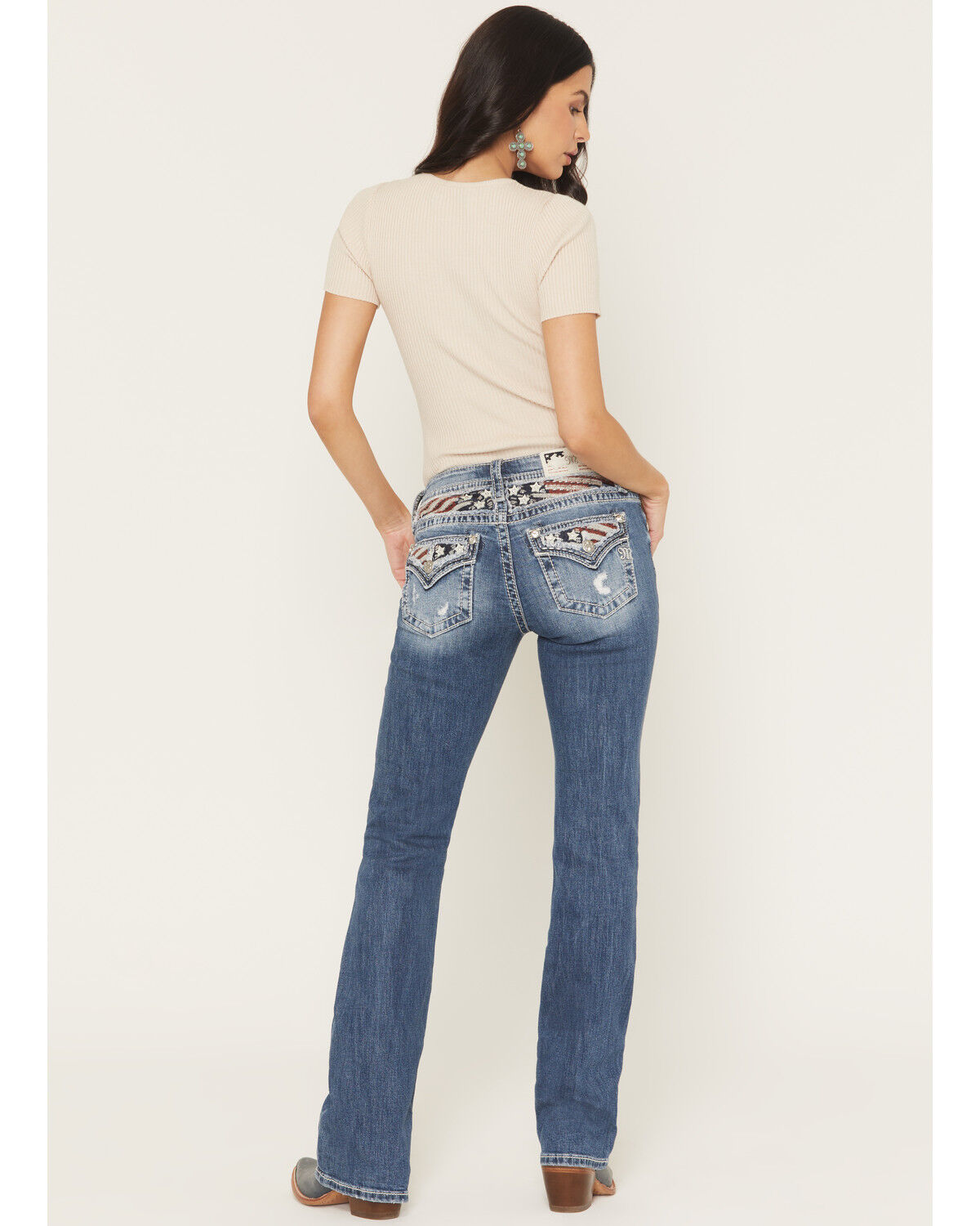 Image #1 - Miss Me Women's Medium Wash Mid Rise Americana Blowout Bootcut Stretch Denim Jeans, Medium Wash, hi-res