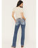 Image #1 - Miss Me Women's Medium Wash Mid Rise Americana Blowout Bootcut Stretch Denim Jeans, Medium Wash, hi-res