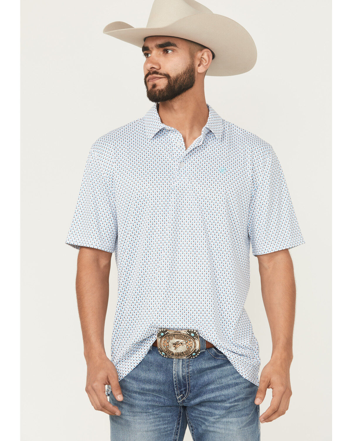 Image #1 - Ariat Men's Geo Print Short Sleeve Button-Down Performance Polo, White, hi-res