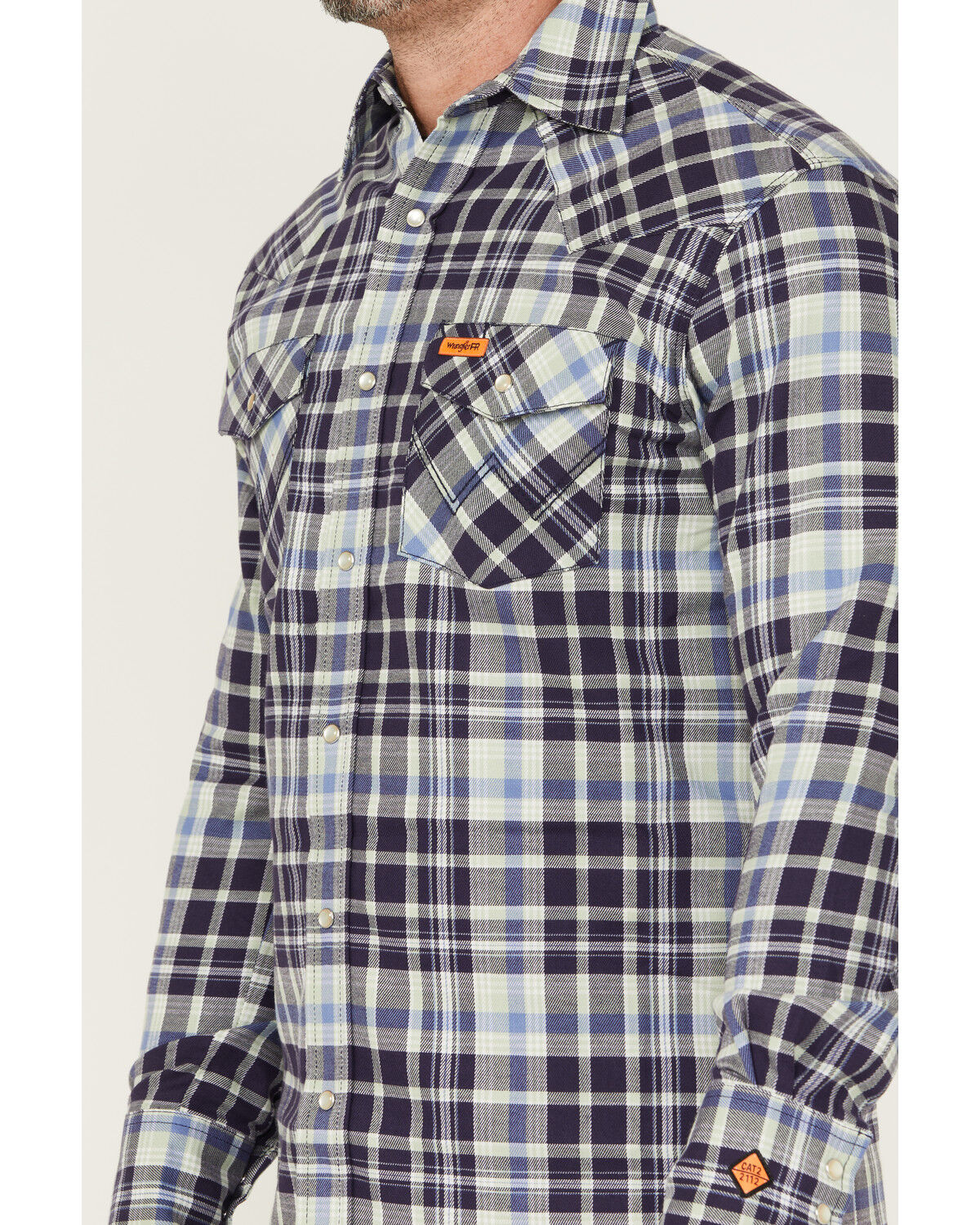 Image #3 - Wrangler Men's FR Plaid Print Long Sleeve Snap Work Shirt, Blue, hi-res