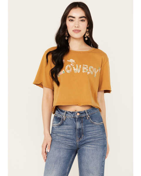 Miss Me Women's Boxy Fit Cowboy Short Sleeve Cropped Graphic Tee, Mustard, hi-res