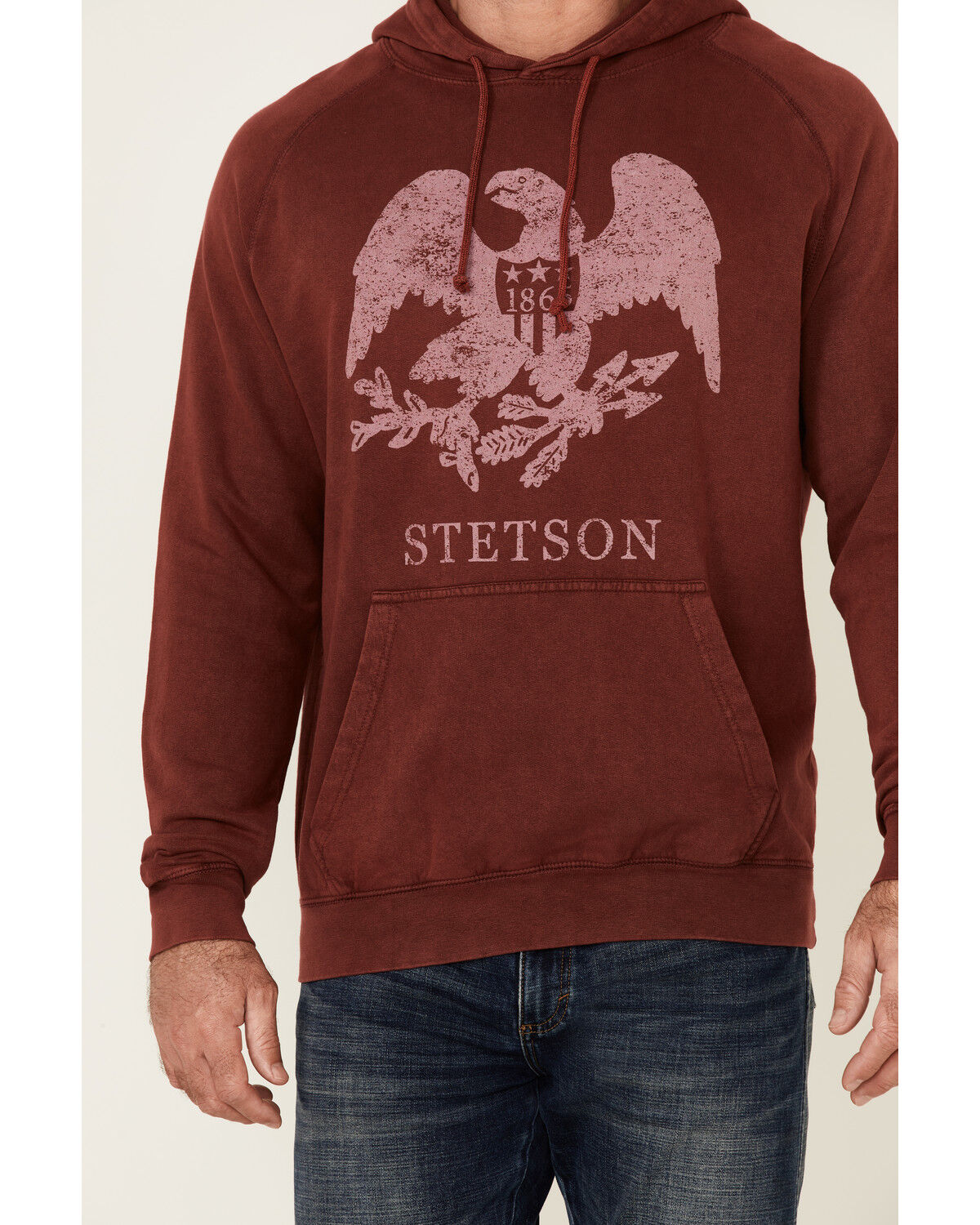 Image #3 - Stetson Men's Red Mineral Wash Distressed Eagle Graphic Hooded Sweatshirt, Blue, hi-res