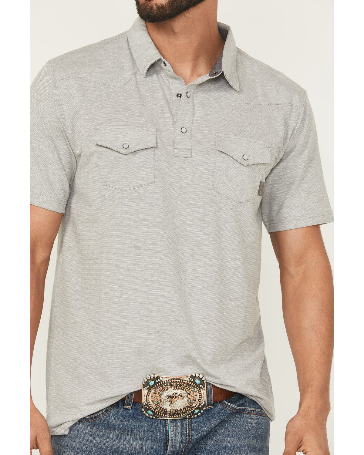 Image #3 - Ariat Men's Retro Solid Short Sleeve Snap Stretch Polo Shirt, Heather Grey, hi-res