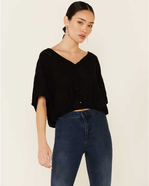 Image #1 - Angie Women's Embroidered Button-Down Long Sleeve Flowy Top, Black, hi-res