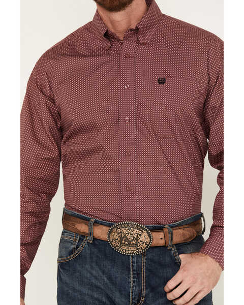 Image #3 - Cinch Men's Geo Print Long Sleeve Button-Down Western Shirt , Dark Pink, hi-res