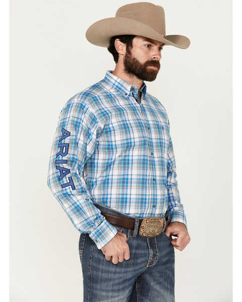 Image #1 - Ariat Men's Pro Series Griffin Team Logo Plaid Print Long Sleeve Button-Down Western Shirt - Big , Blue, hi-res