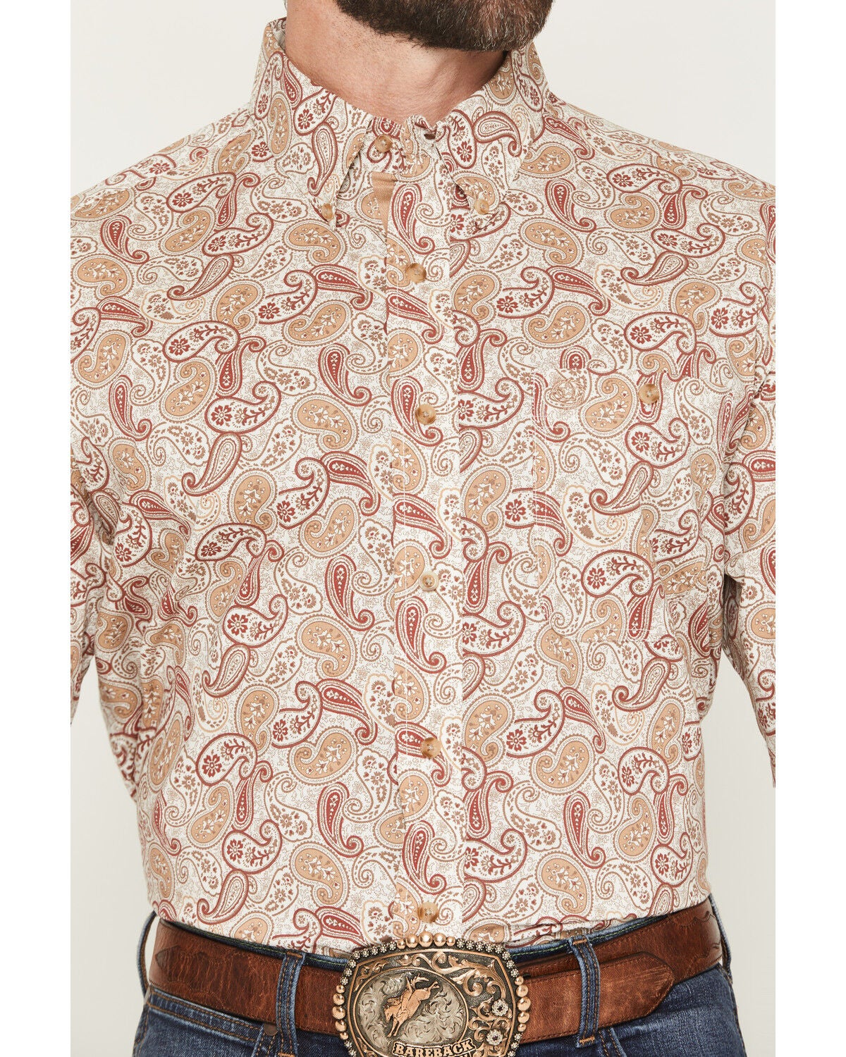 Image #3 - George Strait by Wrangler Men's Paisley Print Short Sleeve Button-Down Stretch Western Shirt, Tan, hi-res