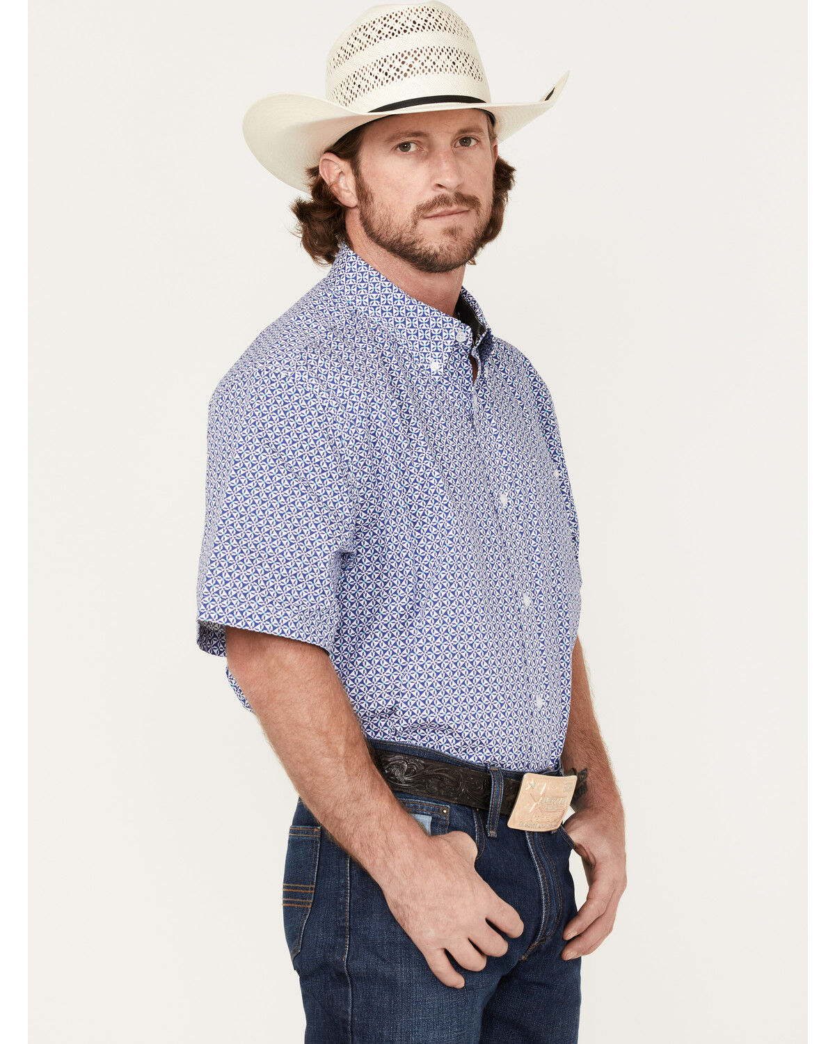 Image #2 - RANK 45® Men's Troubador Geo Print Short Sleeve Button-Down Western Shirt, Blue, hi-res
