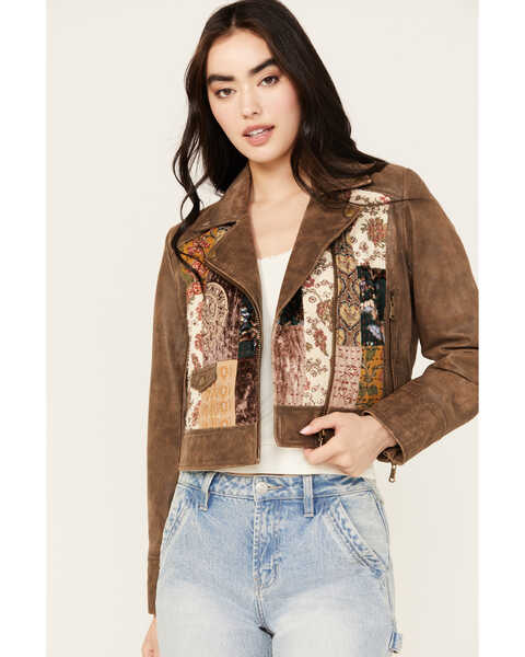 Cleo + Wolf Women's Patchwork Leather Moto Jacket, Brown, hi-res