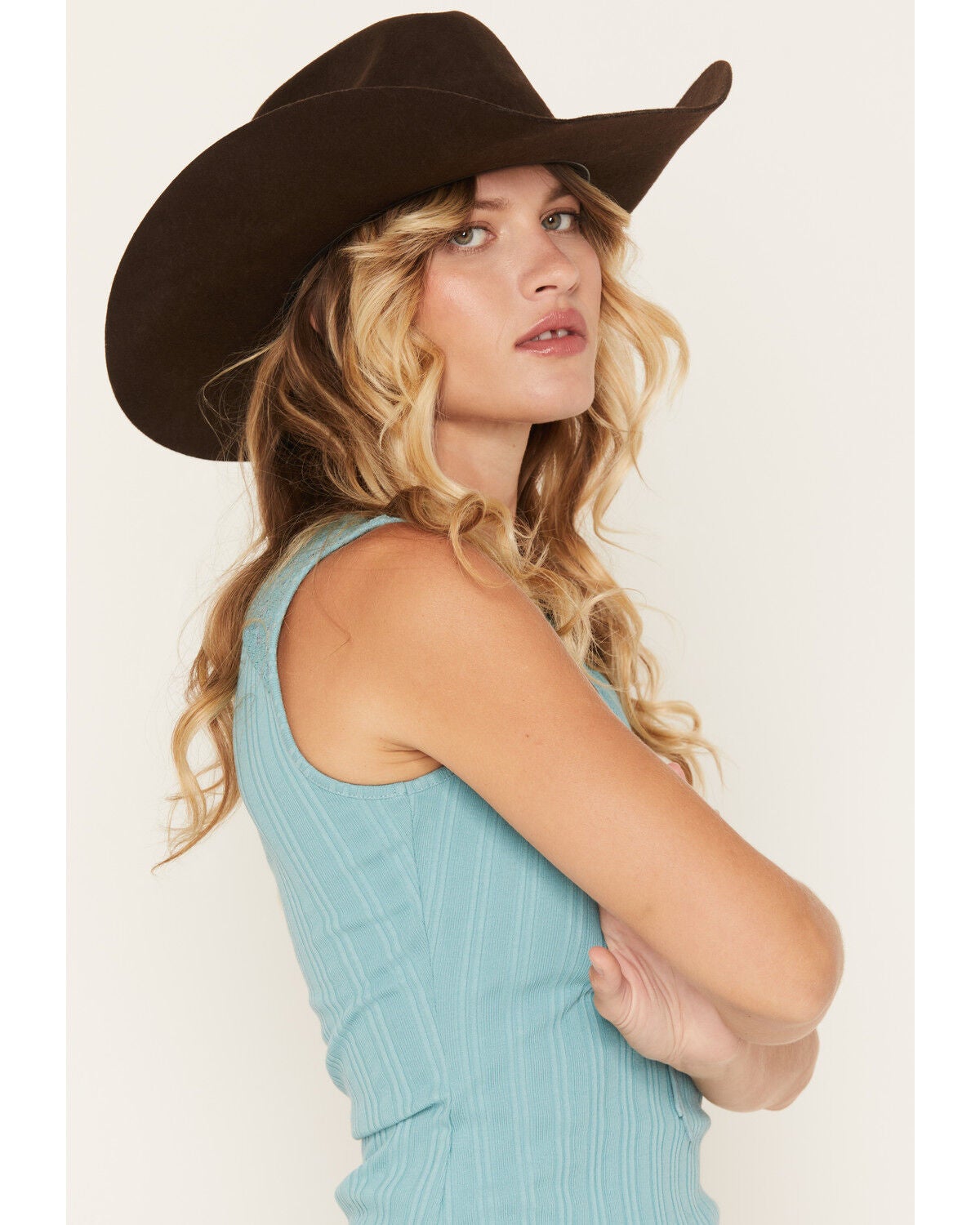 Image #2 - Shyanne Women's Rebecca Short Sleeve Knit Lace Tank, Ocean Blue, hi-res