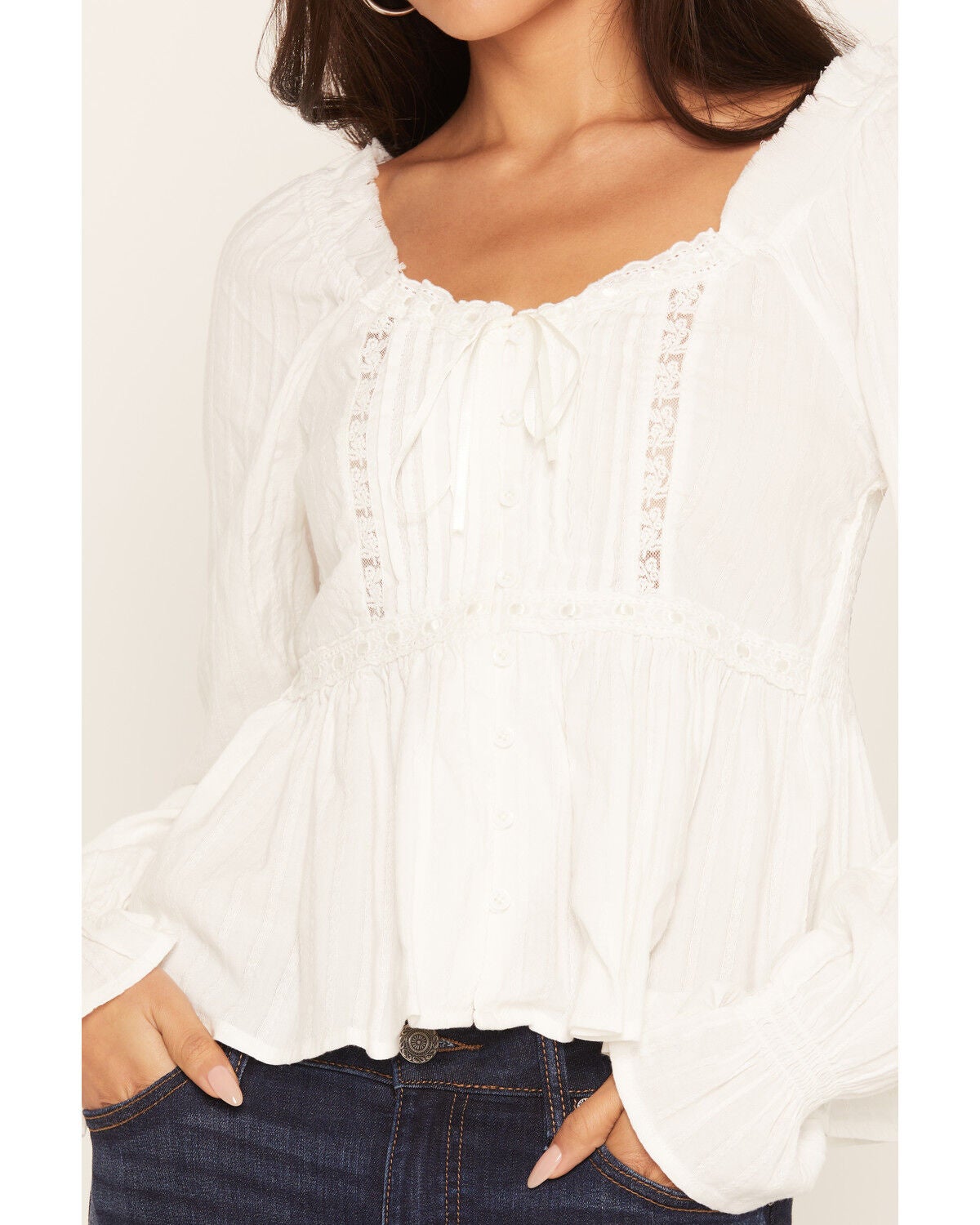 Image #3 - Wonderwest Women's Long Sleeve Lace Trim Button-Front Top, Ivory, hi-res