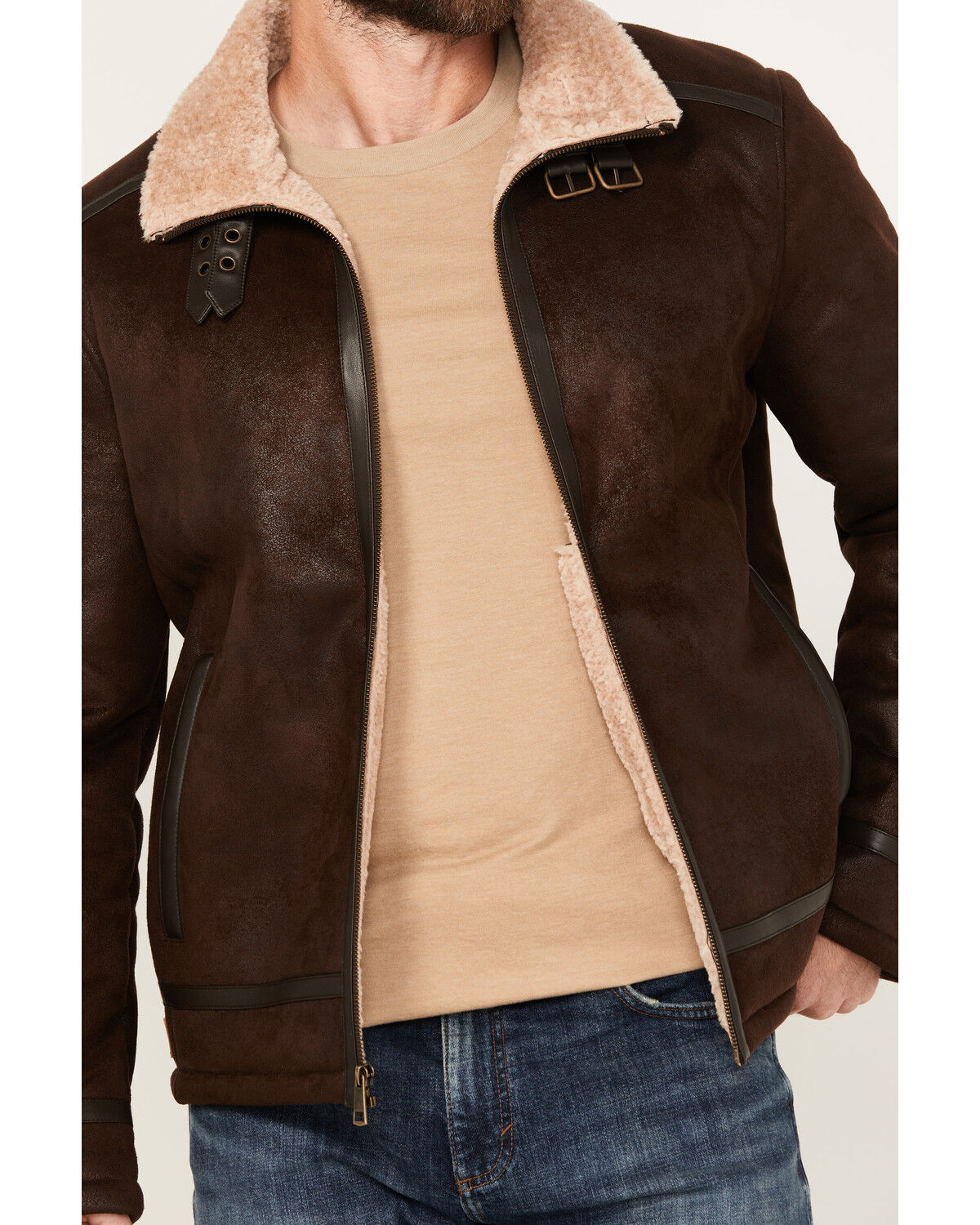 Image #3 - Moonshine Spirit Men's Sherpa Lined Faux Leather Jacket, Dark Brown, hi-res