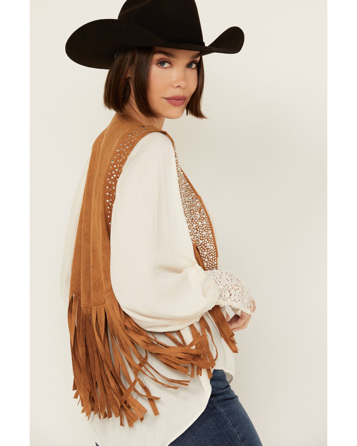Image #2 - Vocal Women's Rhinestone Cropped Faux Suede Vest, Camel, hi-res