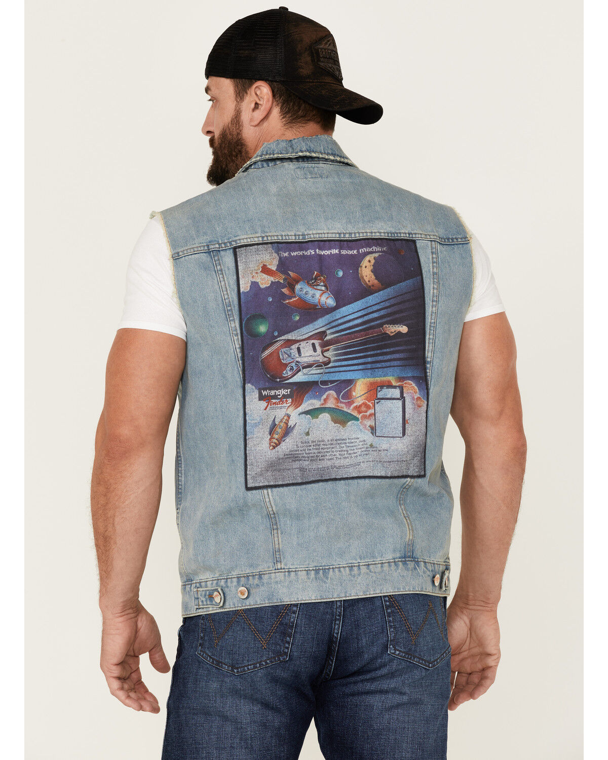 Image #4 - Wrangler X Fender Men's Cowboy Rockstar Patch Denim Vest, Indigo, hi-res