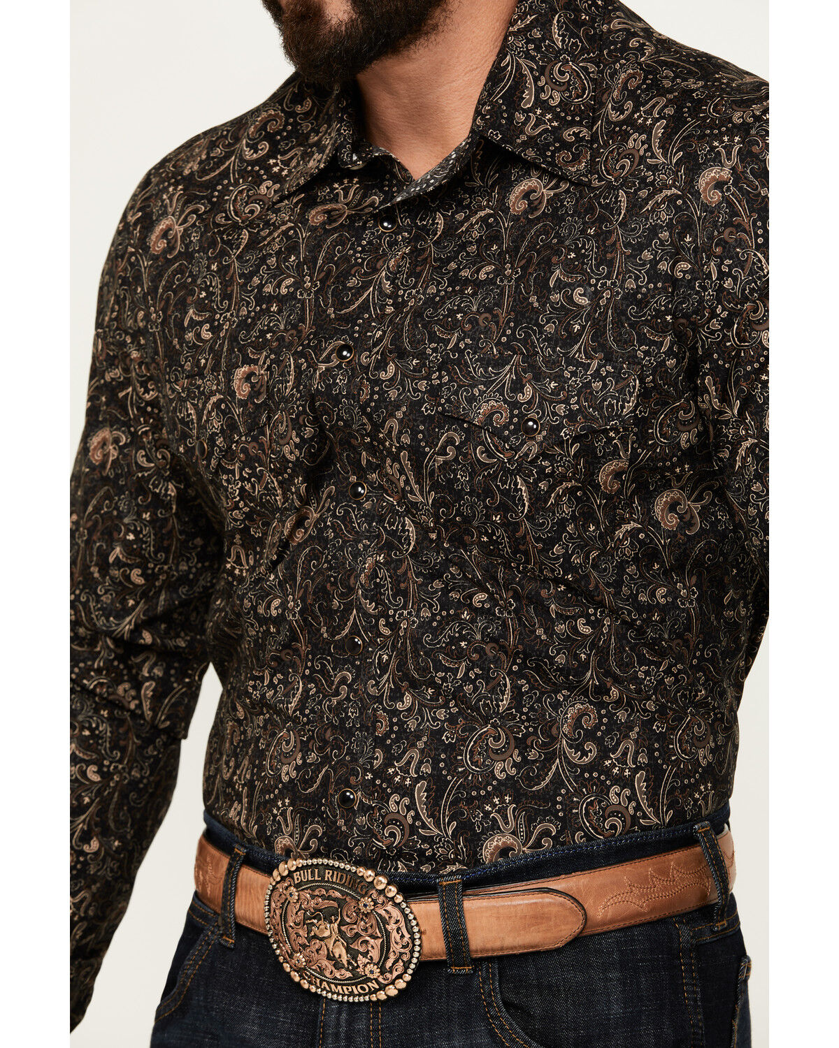 Image #3 - Rock & Roll Denim Men's Paisley Print Long Sleeve Snap Stretch Western Shirt, Black, hi-res