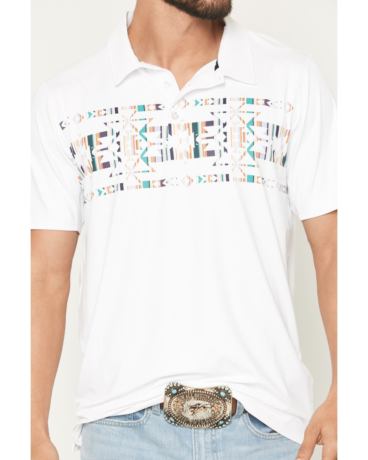 Image #3 - Hooey Men's The Weekender Southwestern Border Print Short Sleeve Polo Shirt, White, hi-res