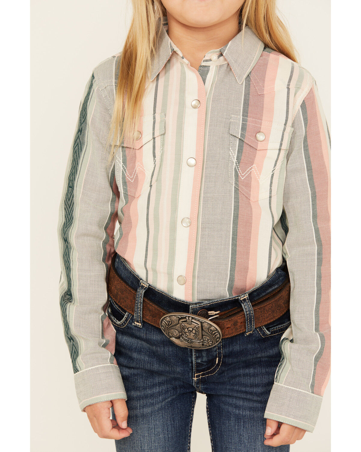 Image #3 - Wrangler Girl's Serape Striped Print Long Sleeve Pearl Snap Western Shirt, Grey, hi-res