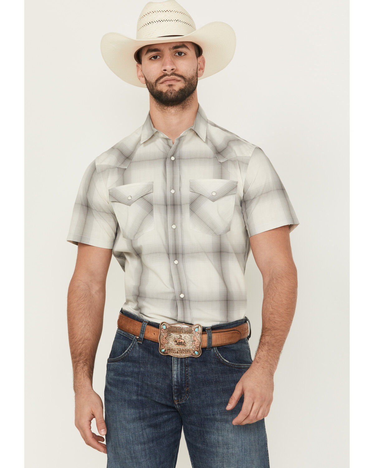 Image #1 - Pendleton Men's Frontier Plaid Print Short Sleeve Snap Western Shirt, Grey, hi-res