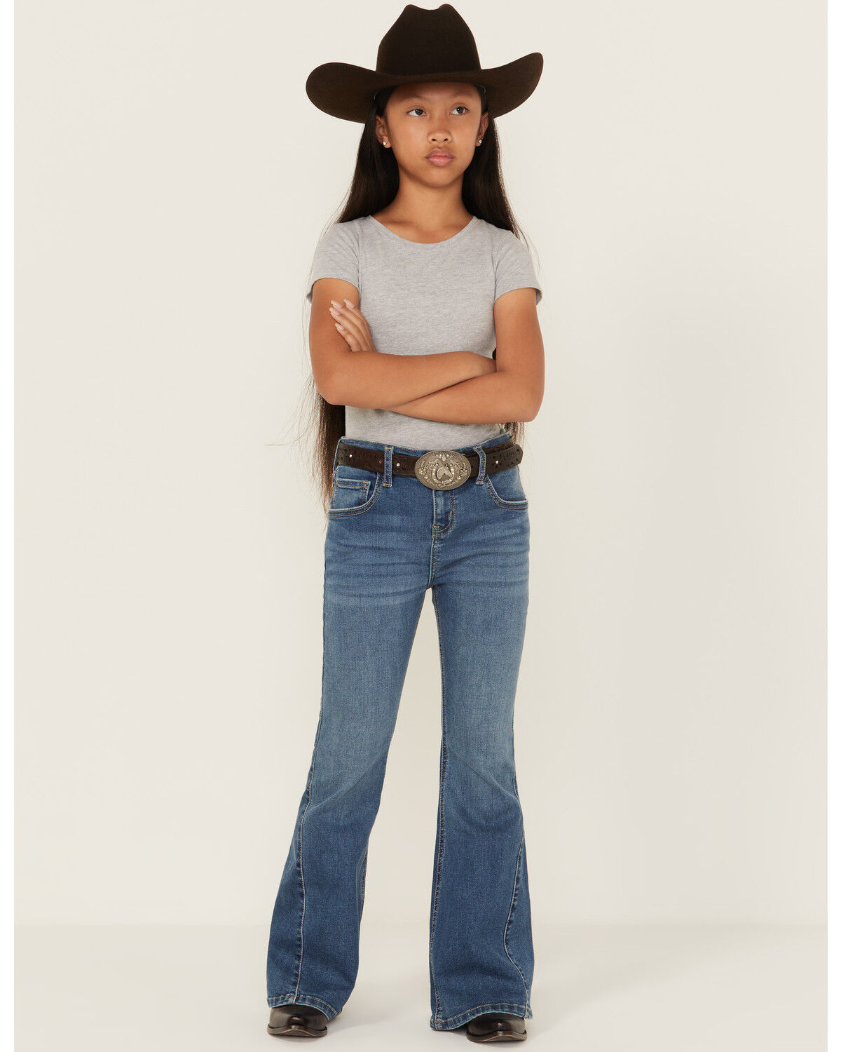 Image #1 - Shyanne Girls' Cimarron Twisted Side Seam Flare Stretch Denim Jeans, Medium Wash, hi-res