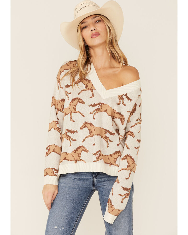 Show Me Your Mumu White & Brown Running Horses Crewneck Sweater, Cream, hi-res
