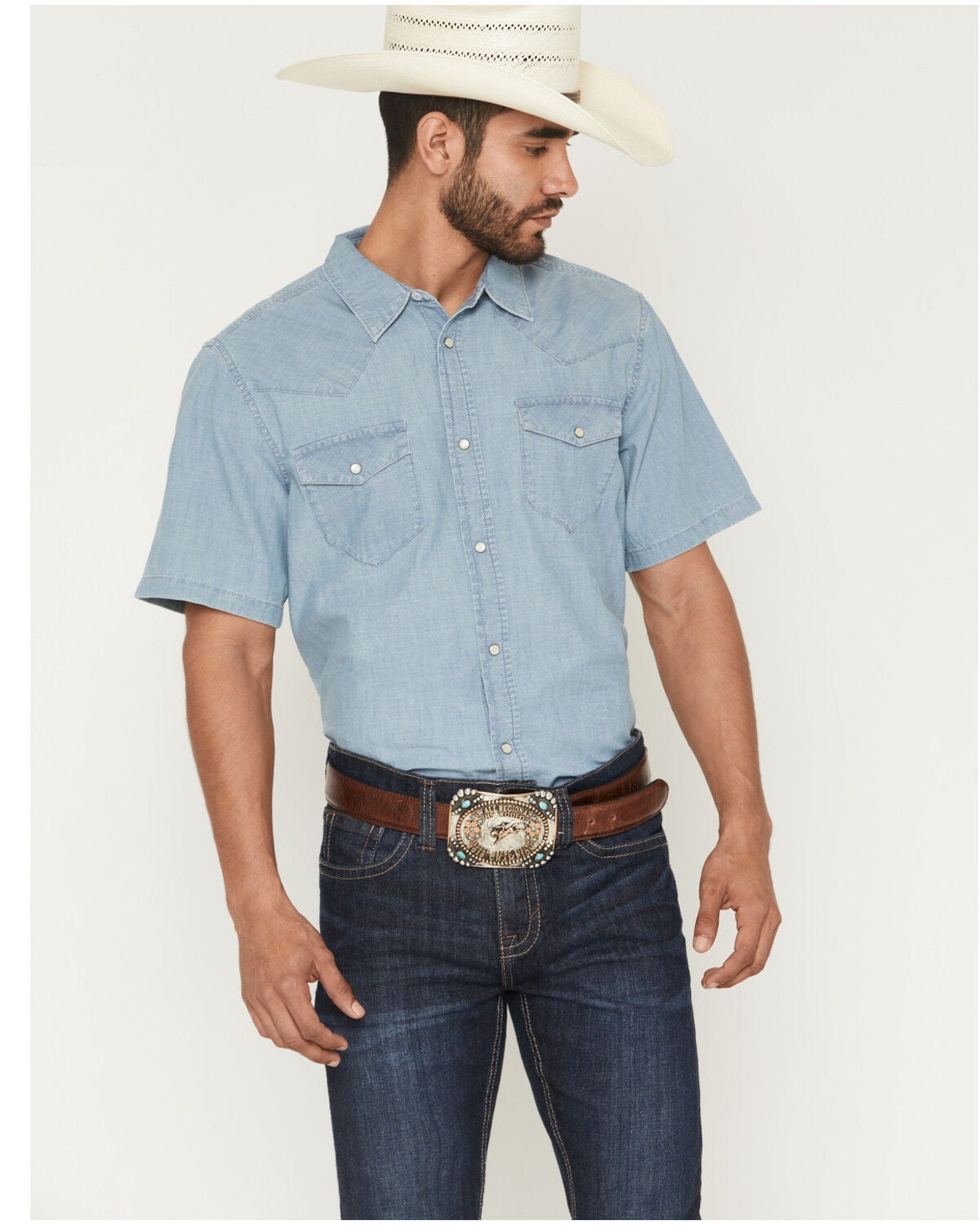 Image #1 - Cody James Men's Horizon Chambray Light Wash Short Sleeve Snap Western Shirt - Big, Light Wash, hi-res