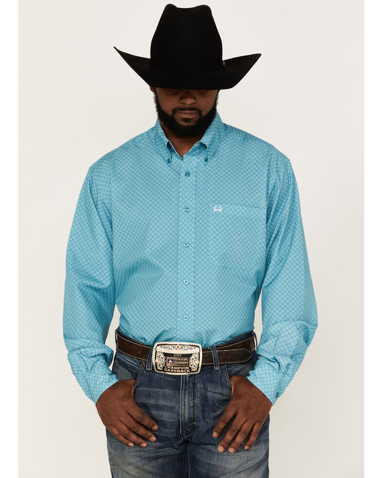 Cinch Men's Arena Flex Diamond Geo Print Long Sleeve Button-Down Western Shirt , Blue, hi-res