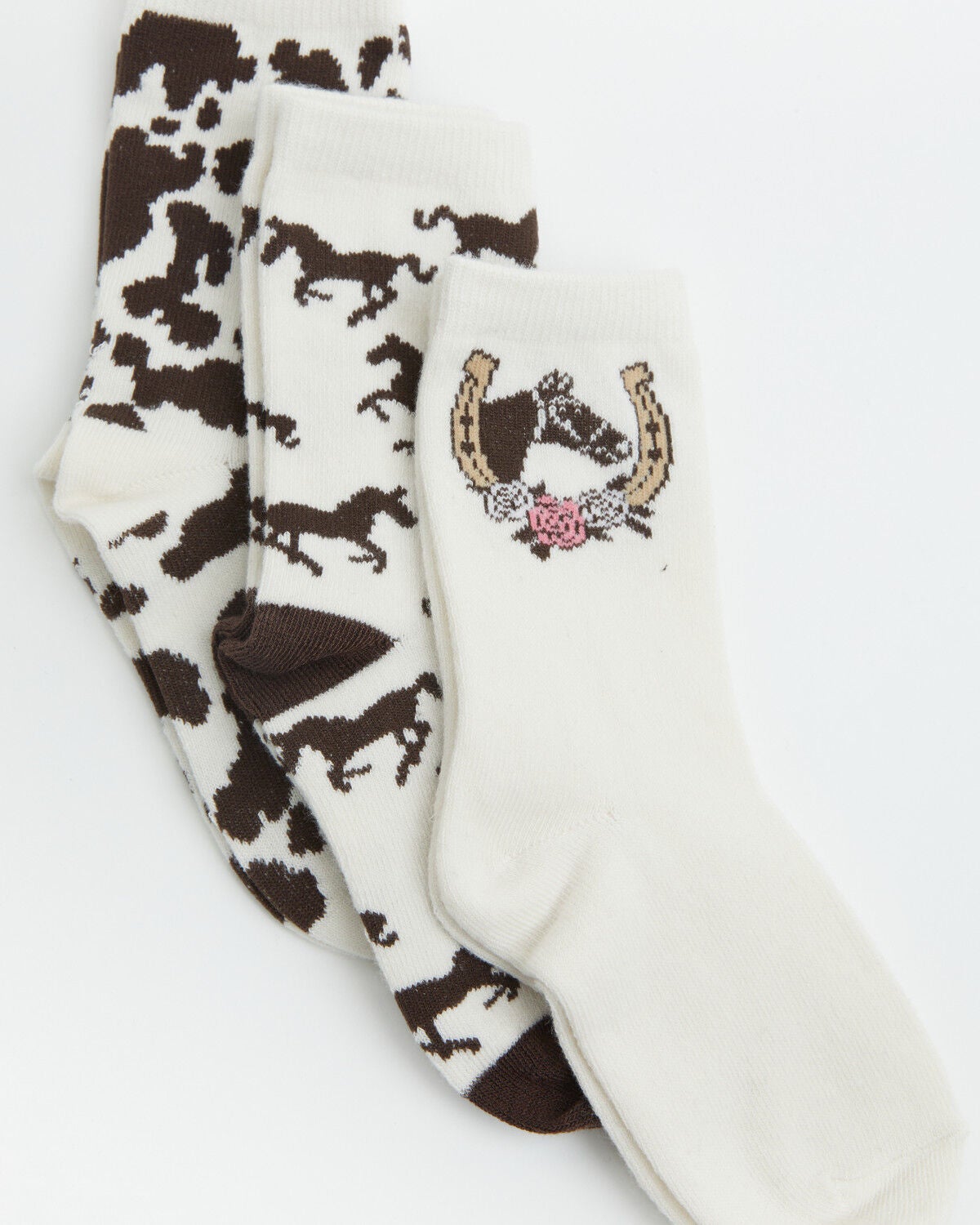 Image #1 - Boot Barn Kids' Karis Running Horses Crew Socks - 3 Pack, Cream, hi-res
