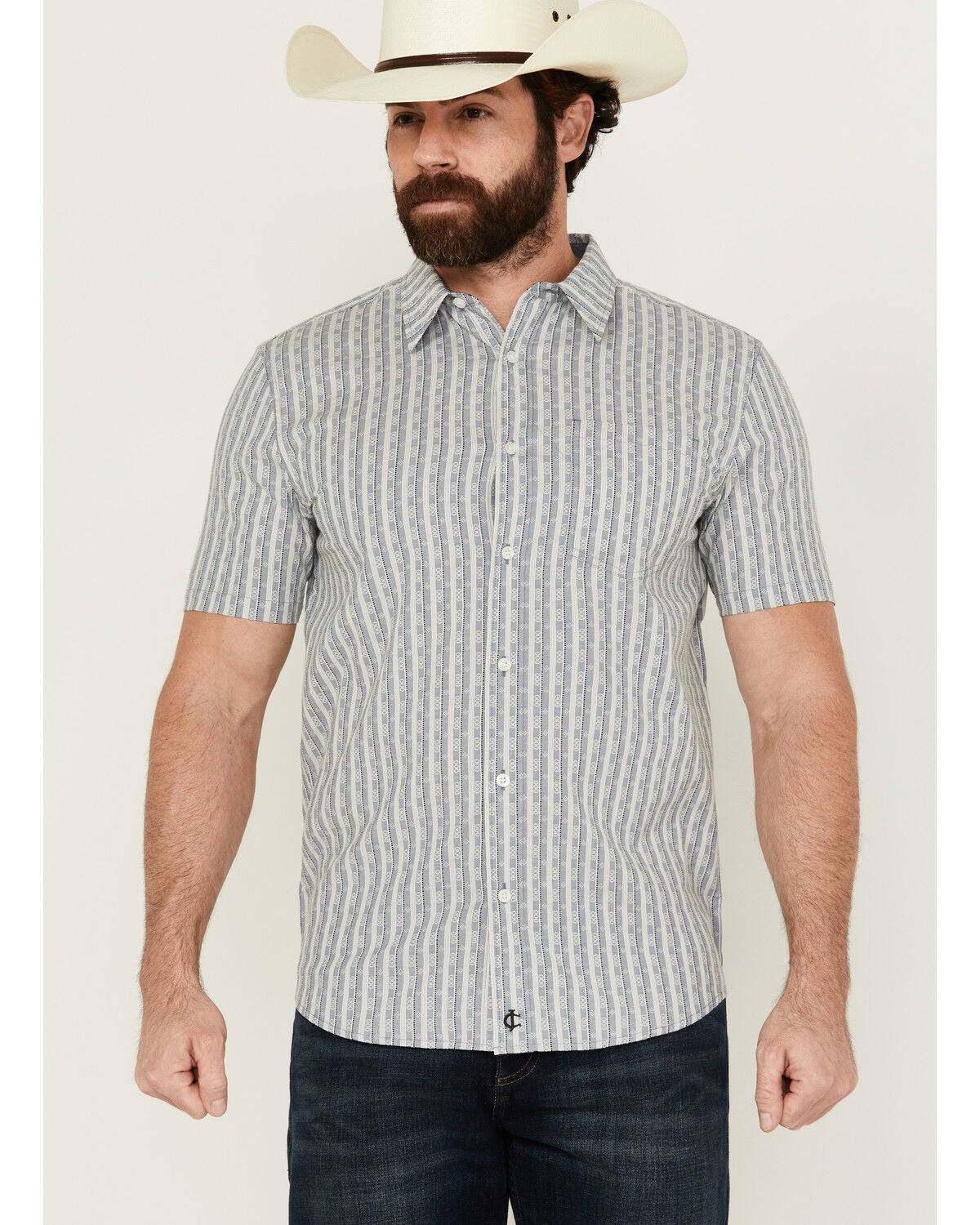 Image #1 - Cody James Men's Falling Diamond Striped Short Sleeve Button-Down Stretch Western Shirt, Light Blue, hi-res